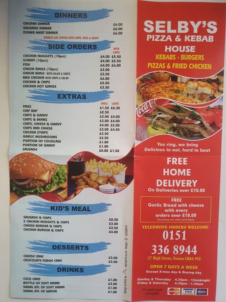 Selbys Menu front page